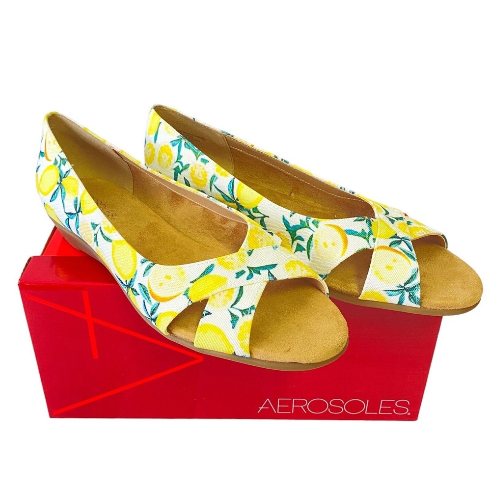 Aerosoles Lemon Print Open Toe Flats Women Size 10M Silver Platter Yellow Summer